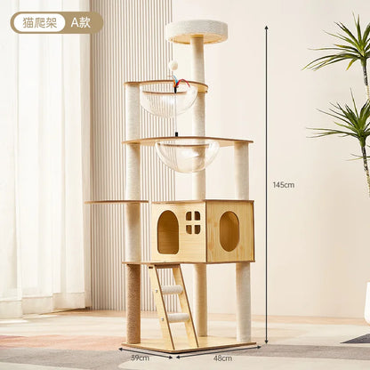 Arbre à chat en bois avec capsules transparentes et maisonnette cubique