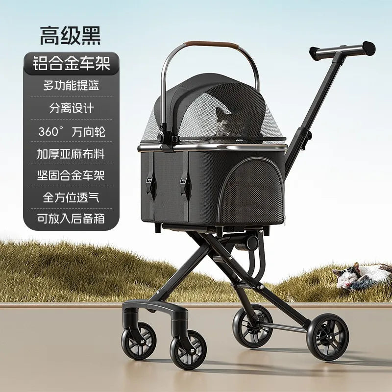 Poussette pour animaux pliable avec panier de transport détachable