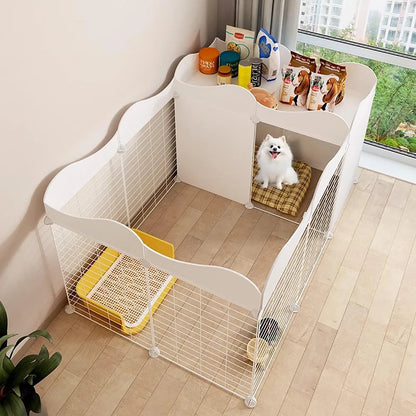 Enclos intérieur modulable pour chien, étagère et bac amovible