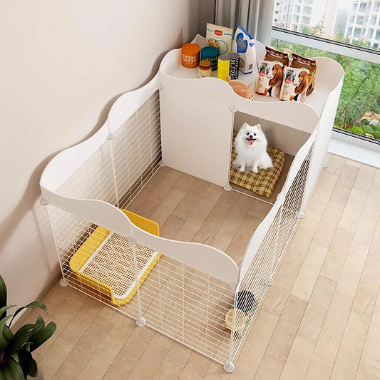 Enclos intérieur modulable pour chien, étagère et bac amovible