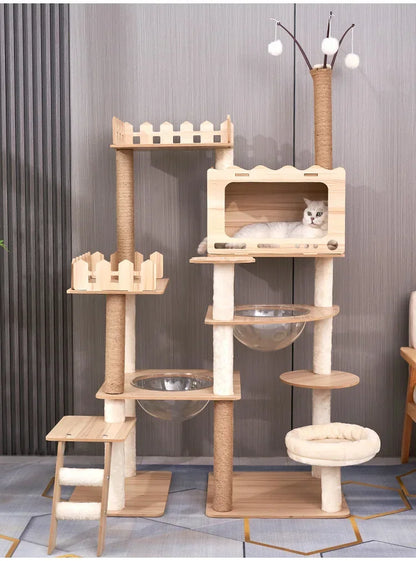 Tour à chat en bois multi-niveaux avec vasques et maisonnette à lattes