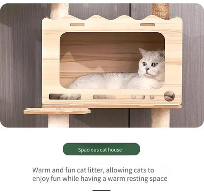 Tour à chat en bois multi-niveaux avec vasques et maisonnette à lattes