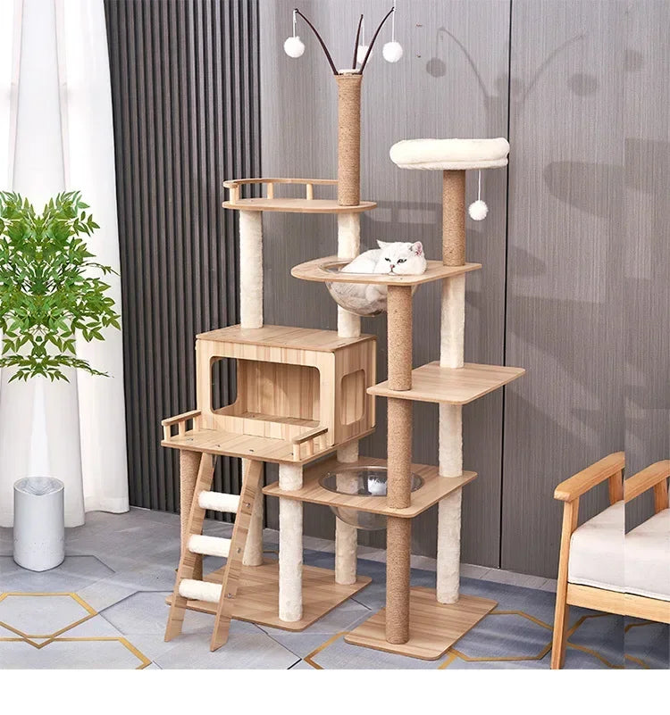 Tour à chat en bois multi-niveaux avec vasques et maisonnette à lattes