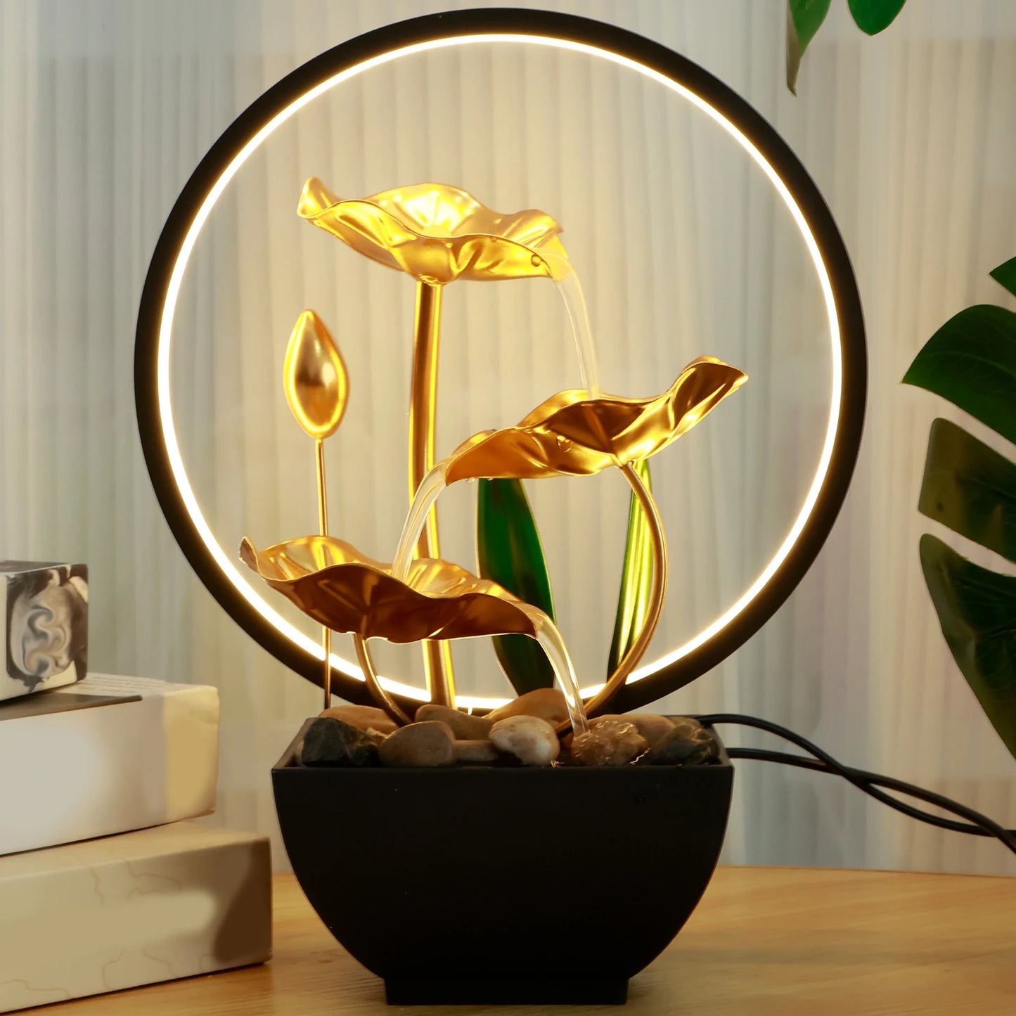 Fontaine de Bureau USB Anneau LED – Pierres Naturelles, Humidification & Méditation