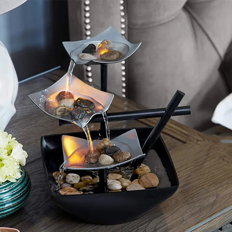 Fontaine de Bureau Feng Shui Fer – Paysage Zen, Cascade Apaisante 220V