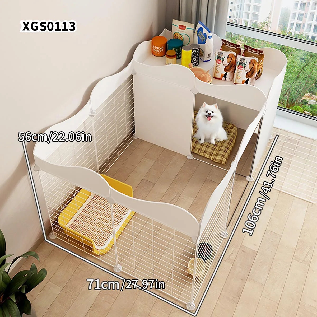 Enclos intérieur modulable pour chien, étagère et bac amovible