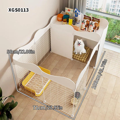 Enclos intérieur modulable pour chien, étagère et bac amovible