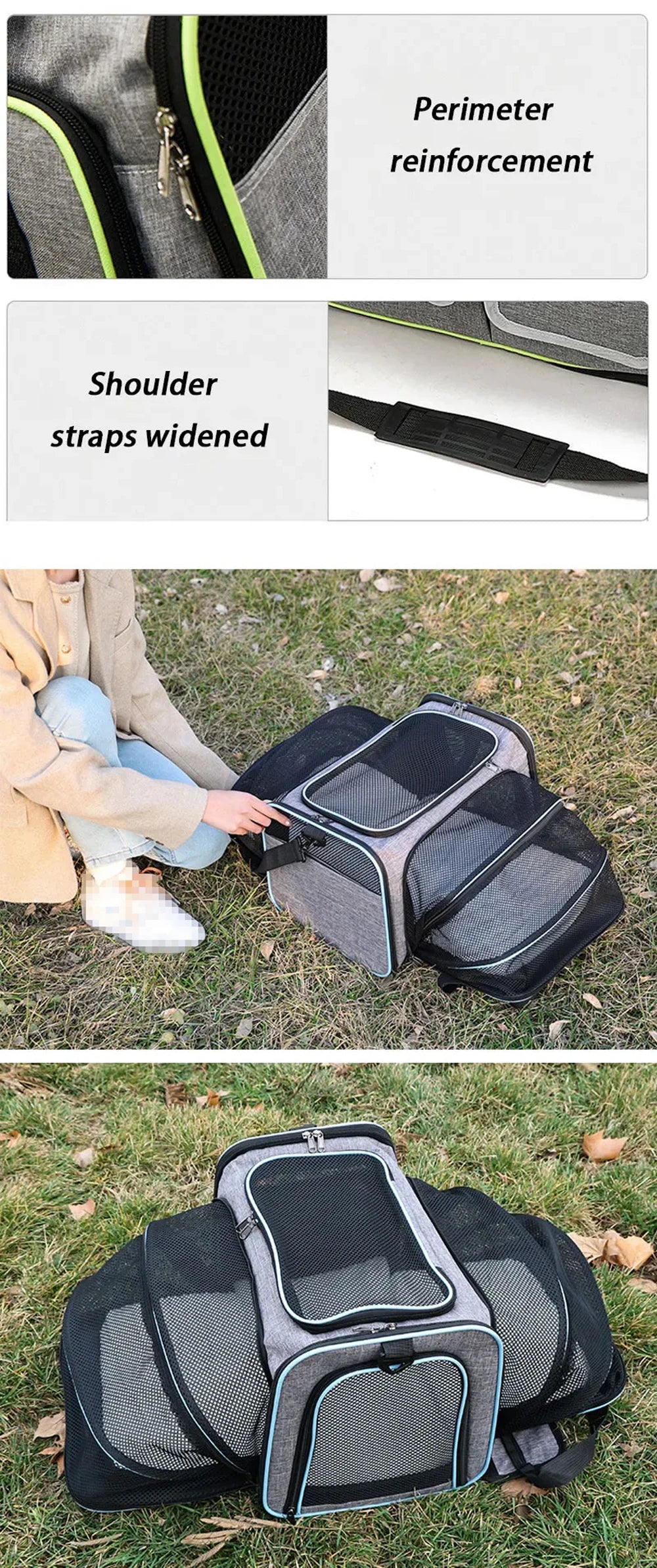 Sac de transport extensible pour chat avec panneaux en filet zippés