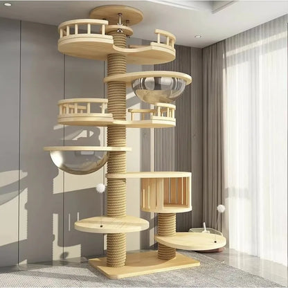 Arbre à chat haut en bois massif avec vasques miroir et niche à lattes