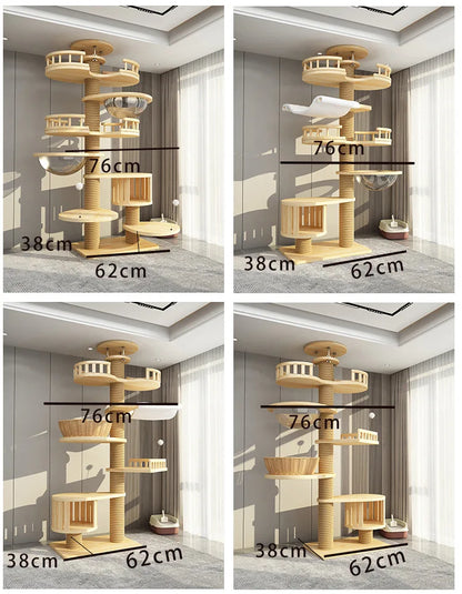 Arbre à chat haut en bois massif avec vasques miroir et niche à lattes