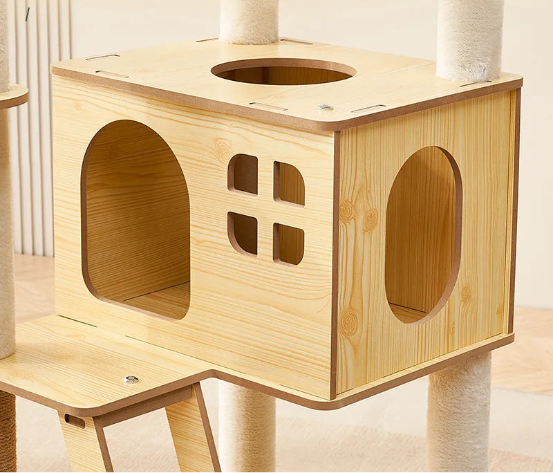 Arbre à chat en bois avec capsules transparentes et maisonnette cubique