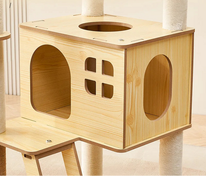 Arbre à chat en bois avec capsules transparentes et maisonnette cubique
