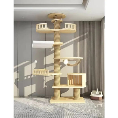 Arbre à chat haut en bois massif avec vasques miroir et niche à lattes