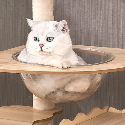 Tour à chat en bois multi-niveaux avec vasques et maisonnette à lattes