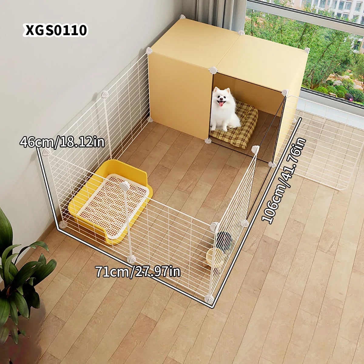 Enclos intérieur modulable pour chien, étagère et bac amovible