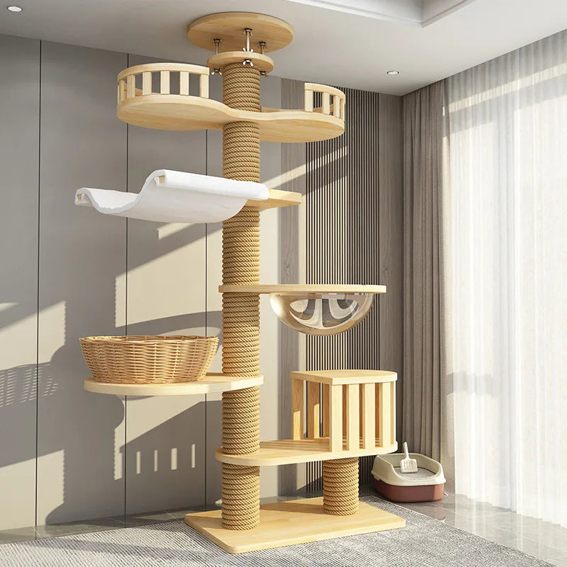 Arbre à chat haut en bois massif avec vasques miroir et niche à lattes