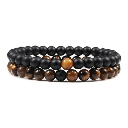 Bracelet Homme Double Rang Perles Noires et Œil de Tigre
