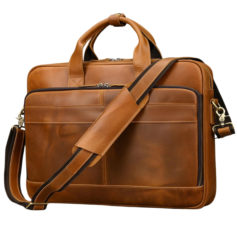 Cartable Cuir Homme Zippé - Sacoche Business Cognac Élégante