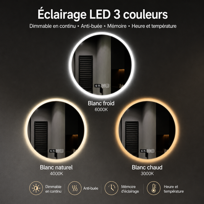 Miroir LED Rond Intelligent Anti-buée – Salle de Bain Mural 49,5cm