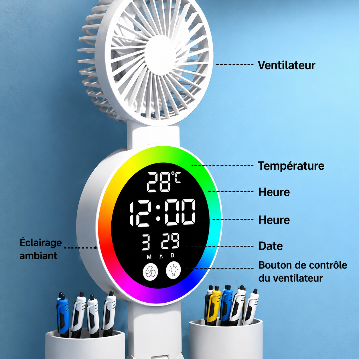Lampe de Bureau LED Rechargeable – Horloge, Ventilateur & Affichage Intégrés