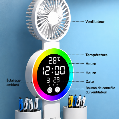 Lampe de Bureau LED Rechargeable – Horloge, Ventilateur & Affichage Intégrés
