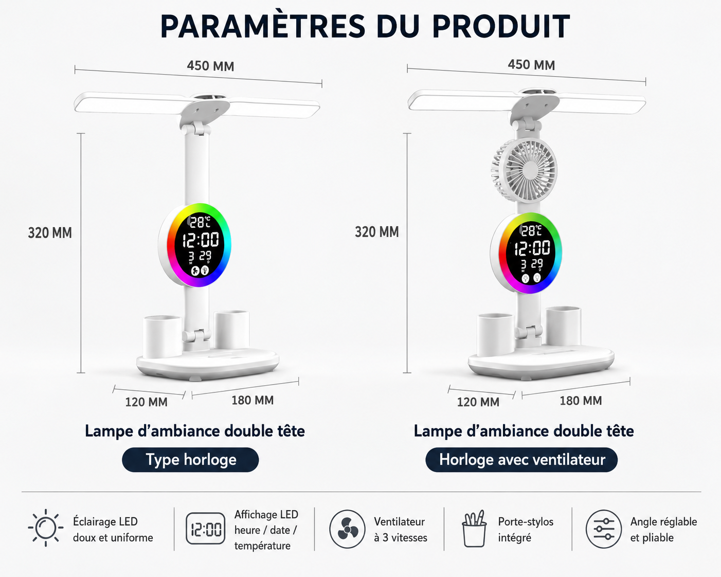 Lampe de Bureau LED Rechargeable – Horloge, Ventilateur & Affichage Intégrés