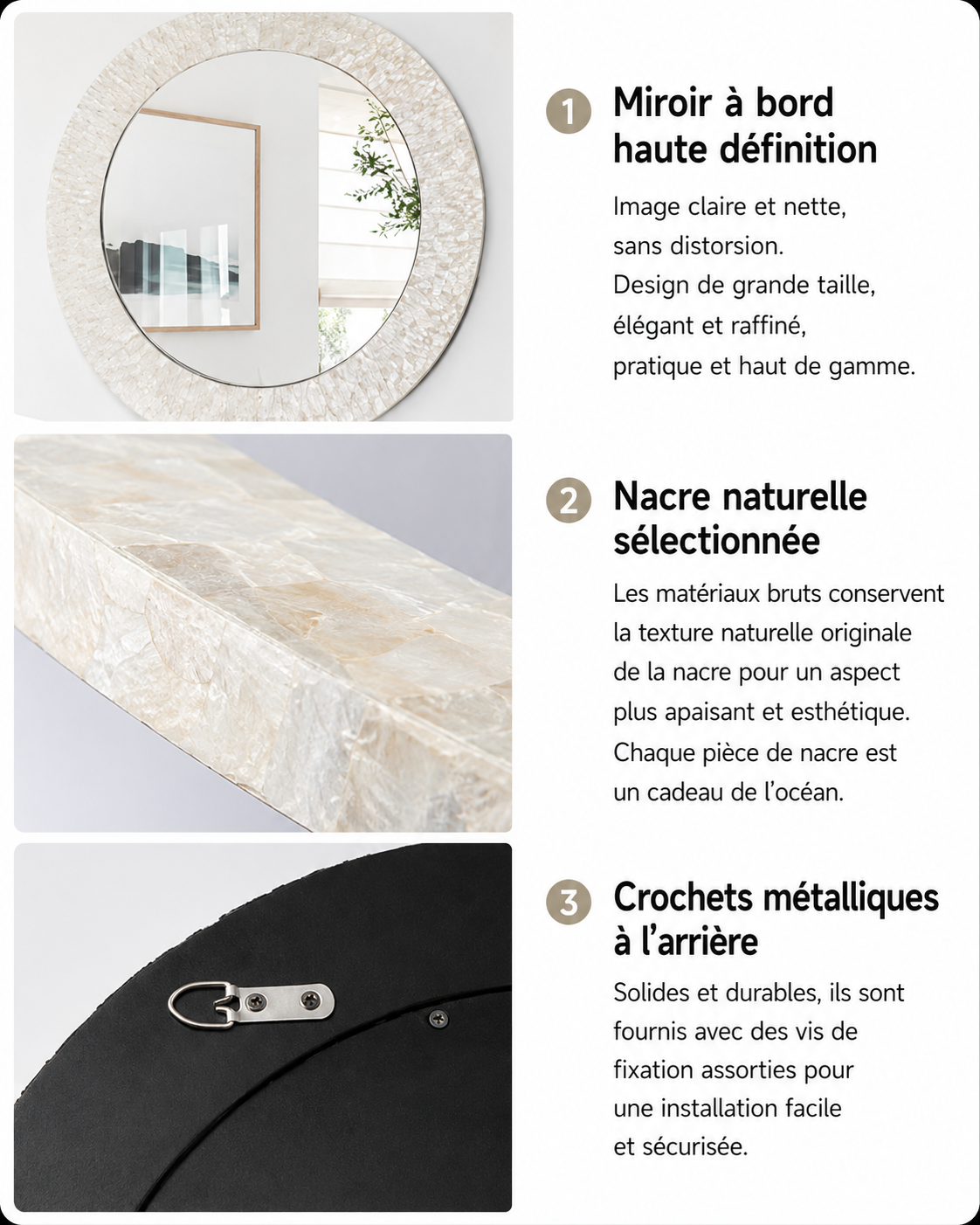Miroir Mural Décoratif Rond – Nacre & MDF Style Nordique, 5 Designs
