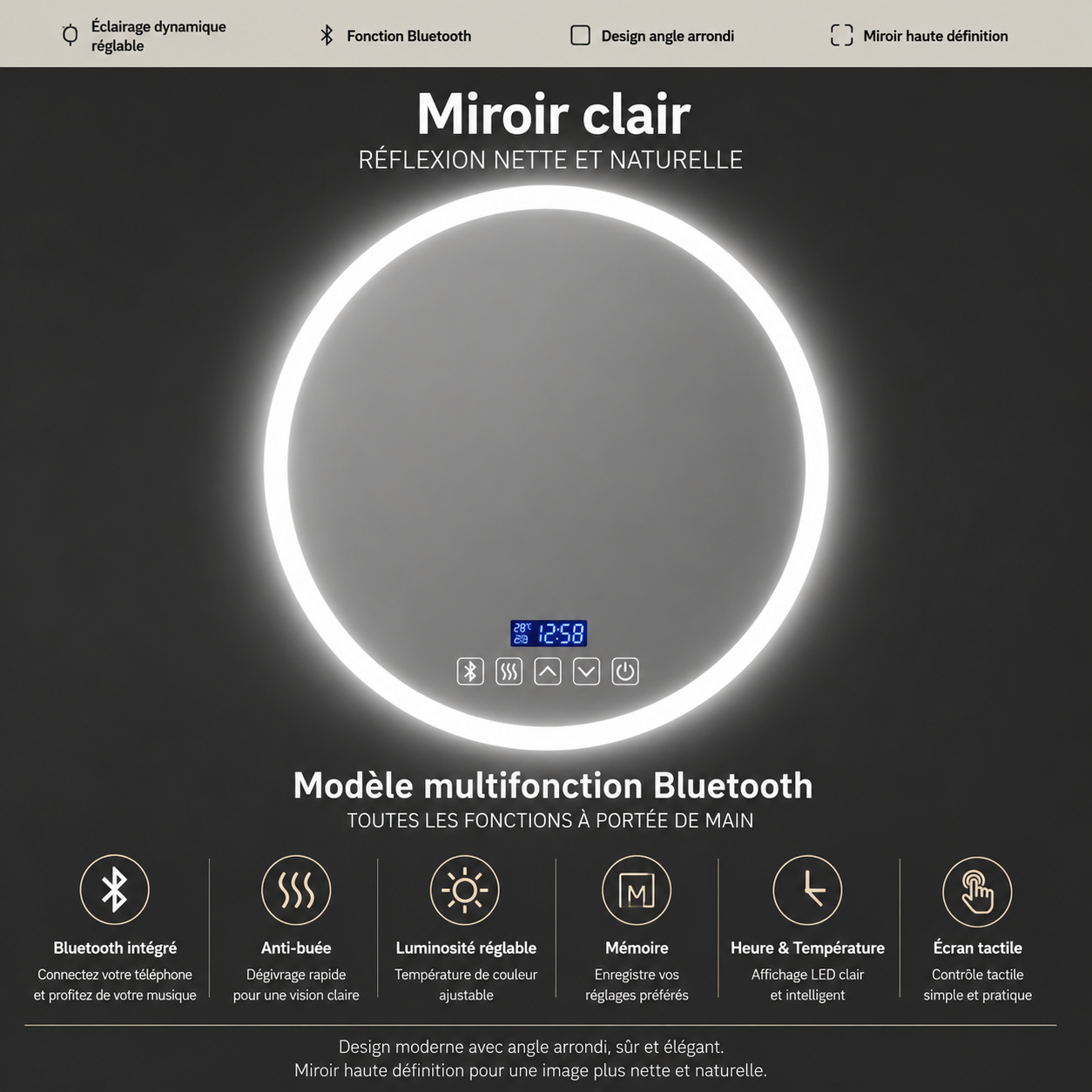 Miroir LED Rond Intelligent Anti-buée – Salle de Bain Mural 49,5cm