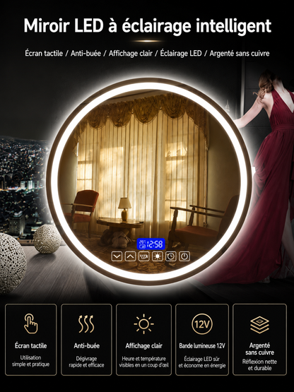 Miroir LED Rond Intelligent Anti-buée – Salle de Bain Mural 49,5cm
