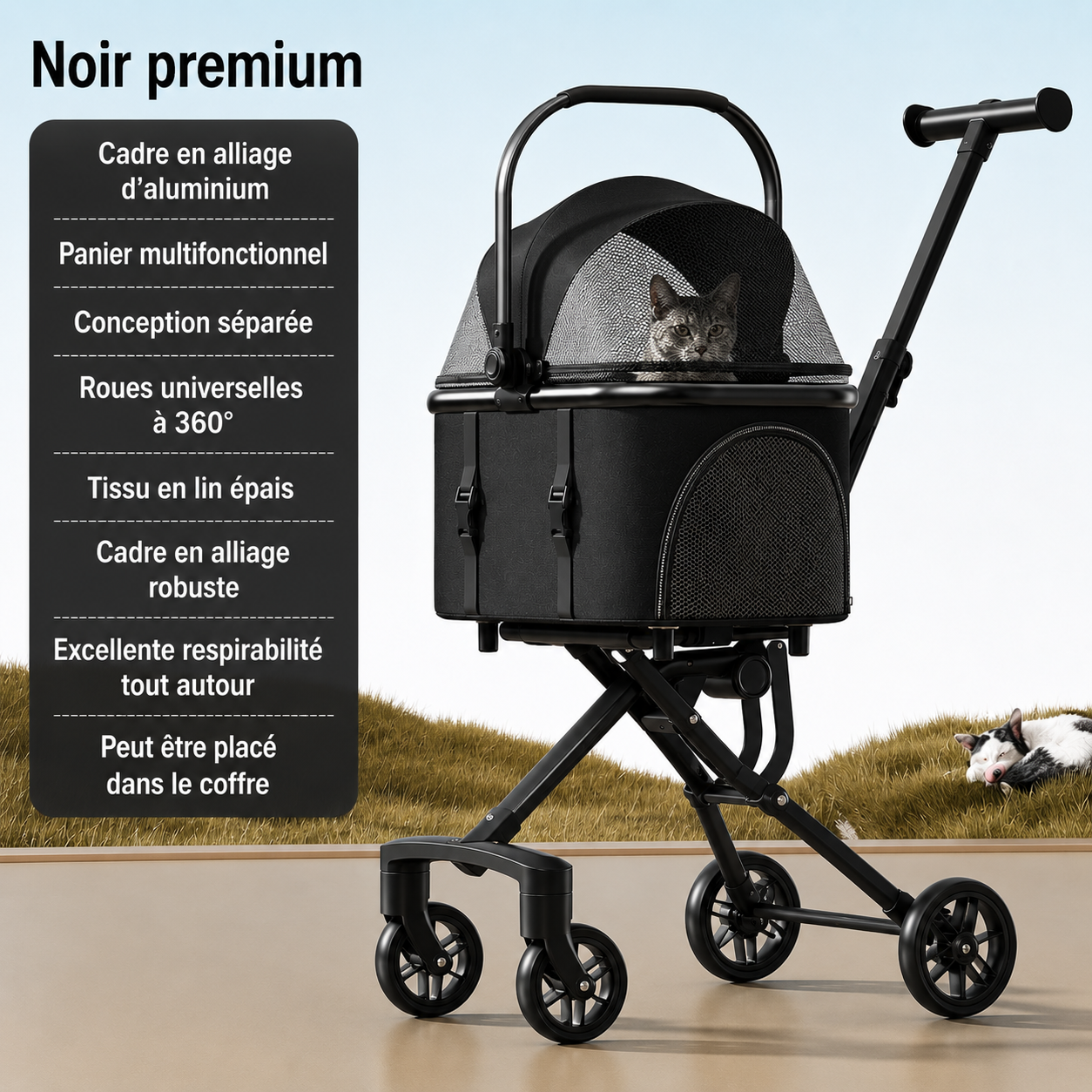Poussette pour animaux pliable avec panier de transport détachable