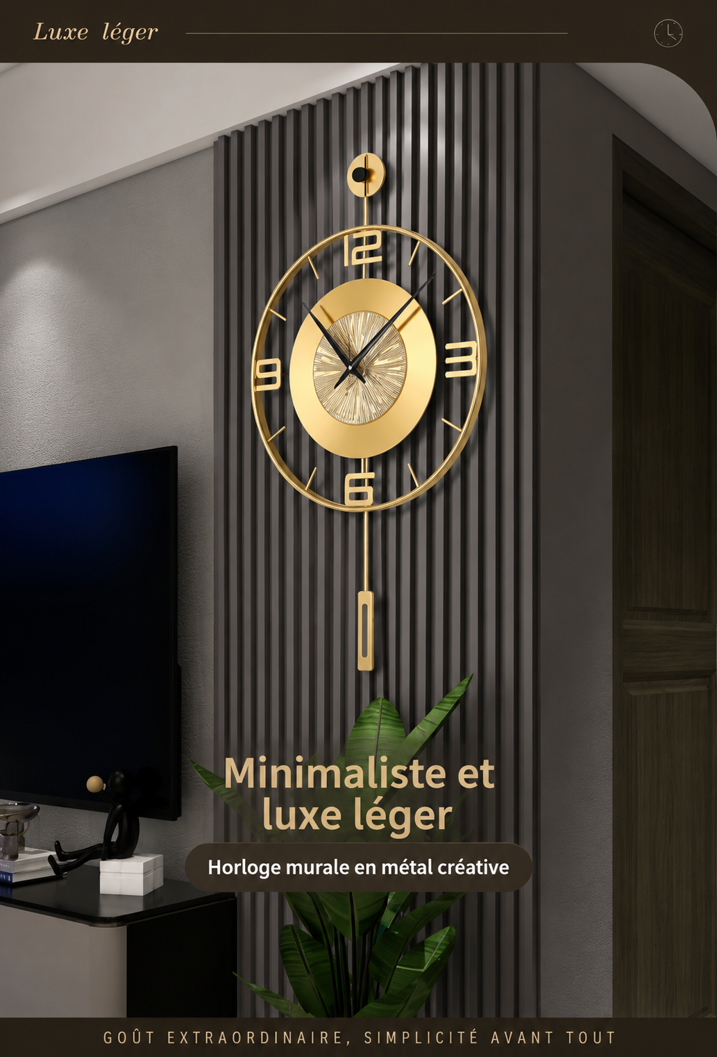 Horloge Murale Luxe Métal Doré avec Balancier Décoratif