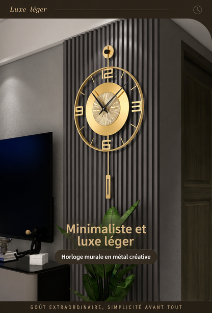 Horloge Murale Luxe Métal Doré avec Balancier Décoratif