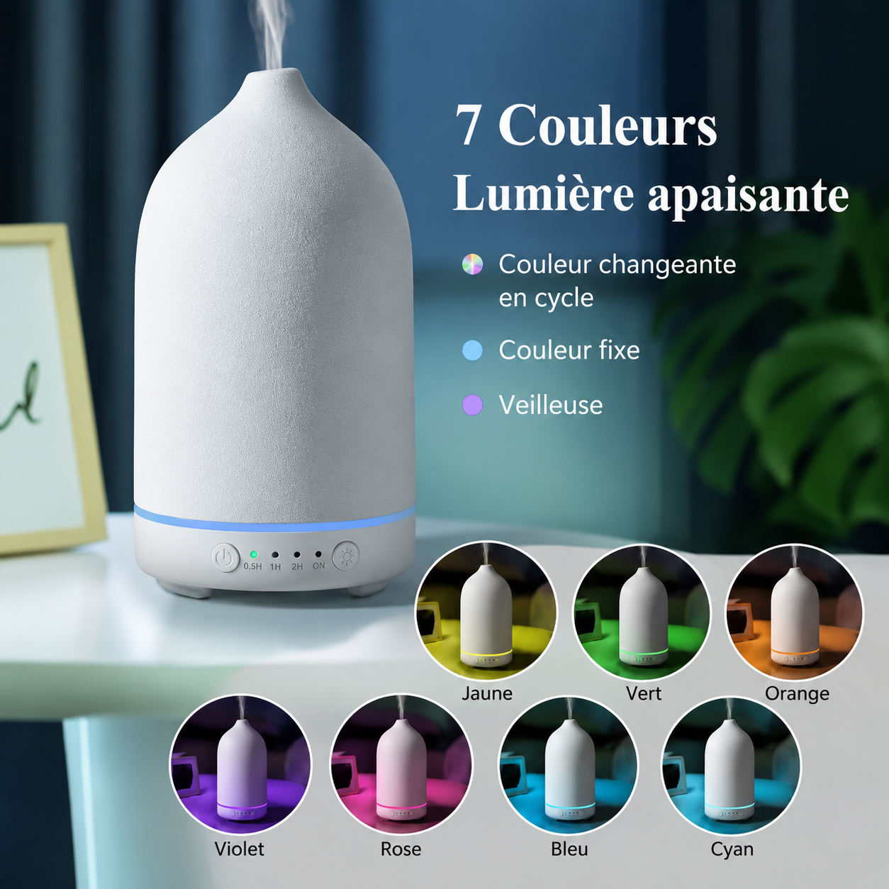 Diffuseur Ultrasonique Céramique 100ml – 7 Couleurs LED & Minuterie
