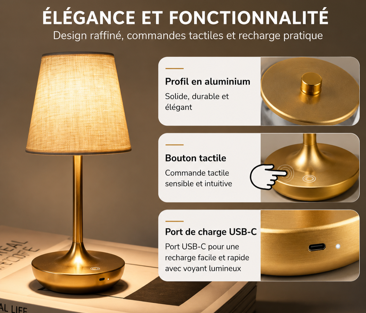 Lampe de Table Classique Rechargeable – Abat-jour Tissu & 3 Températures