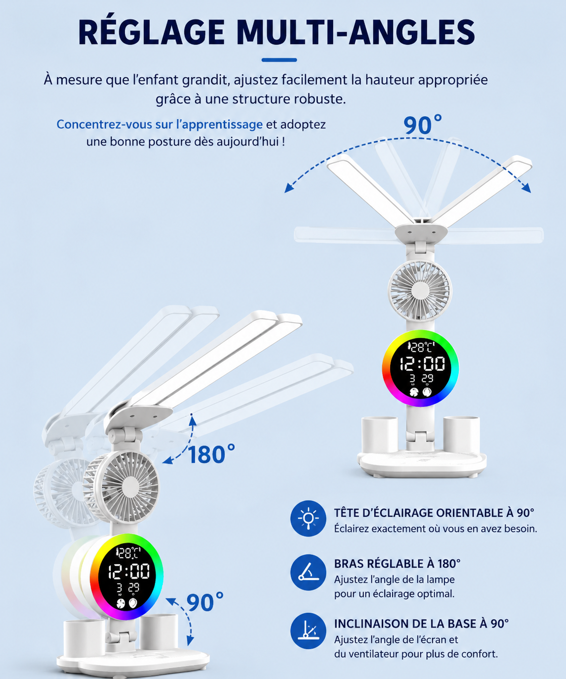 Lampe de Bureau LED Rechargeable – Horloge, Ventilateur & Affichage Intégrés