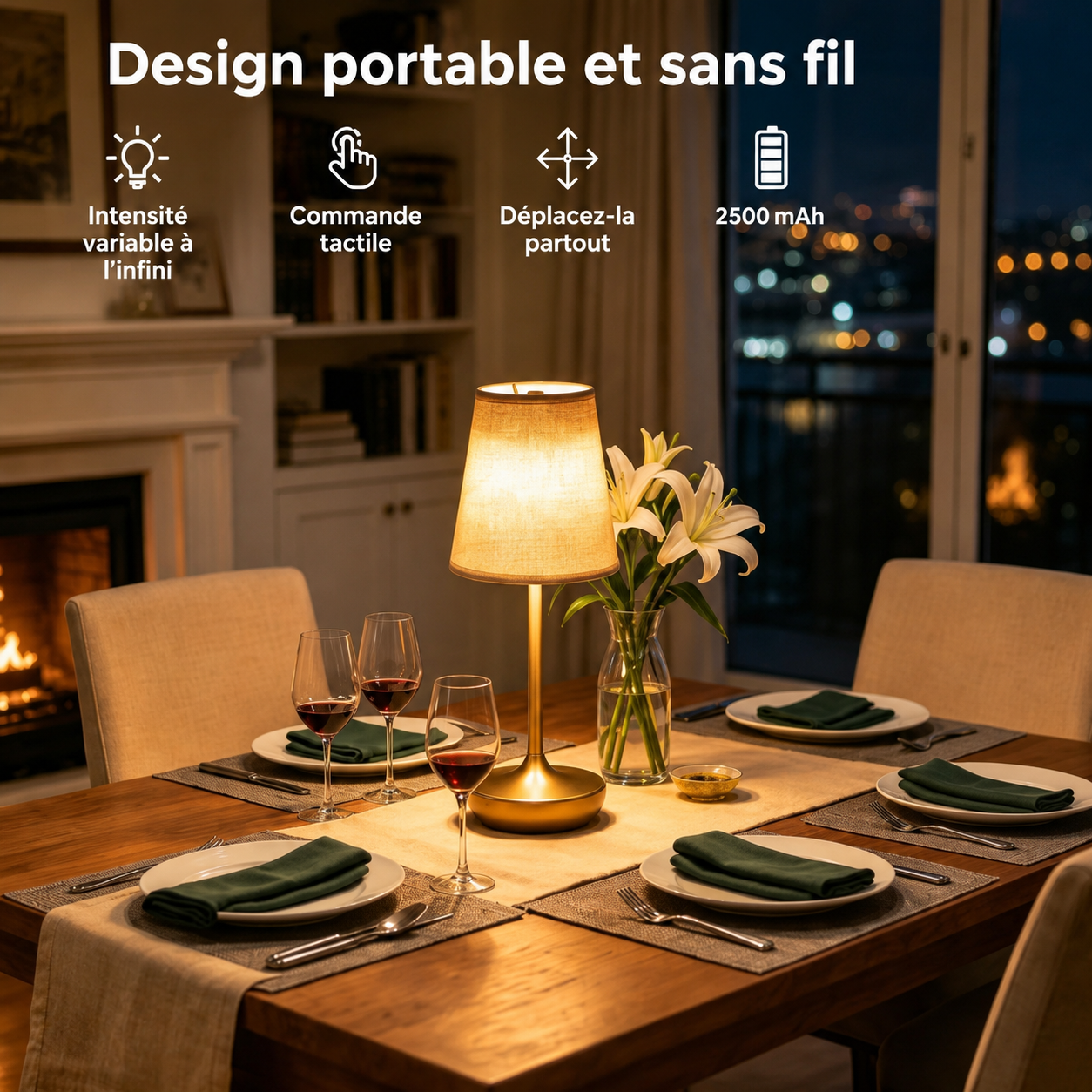 Lampe de Table Classique Rechargeable – Abat-jour Tissu & 3 Températures