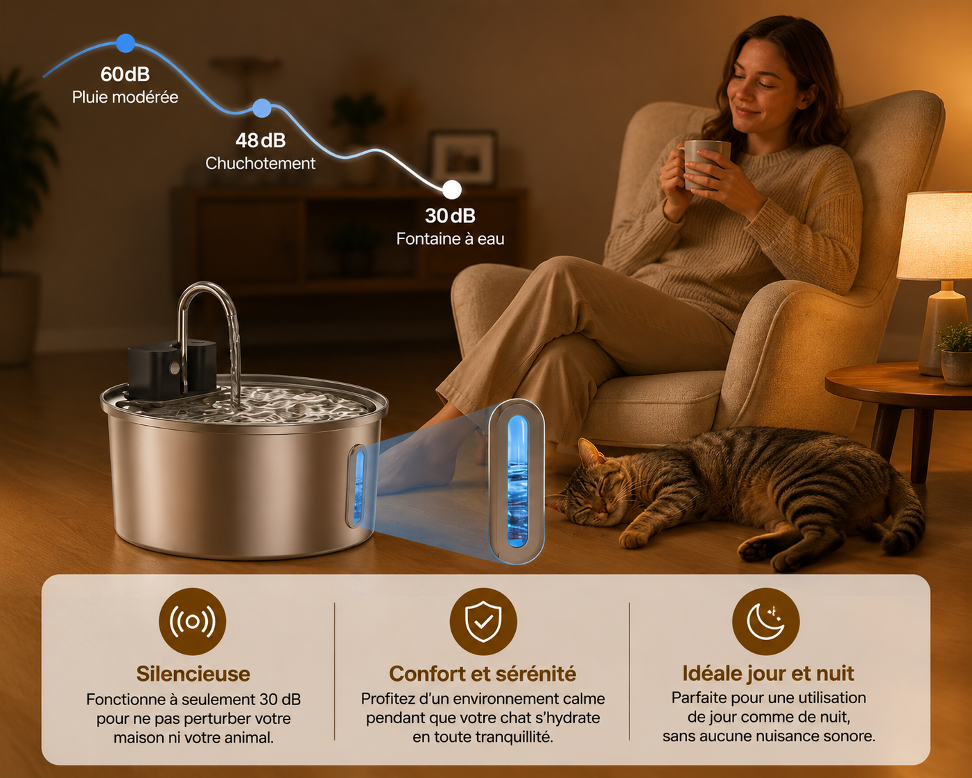 Fontaine à eau 3 modes - Sans Fil 3,2 L - pour Chiens et Chats