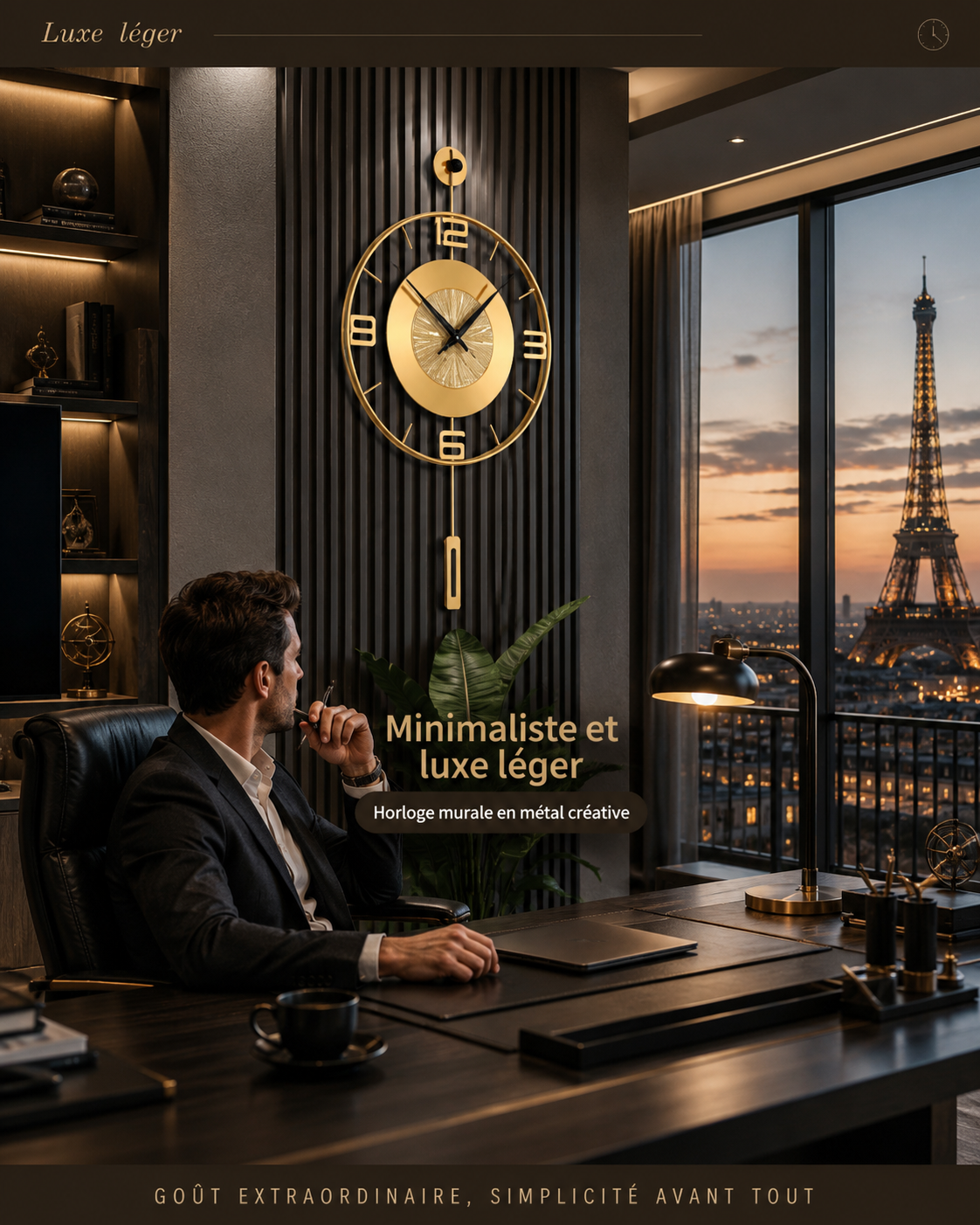 Horloge Murale Luxe Métal Doré avec Balancier Décoratif