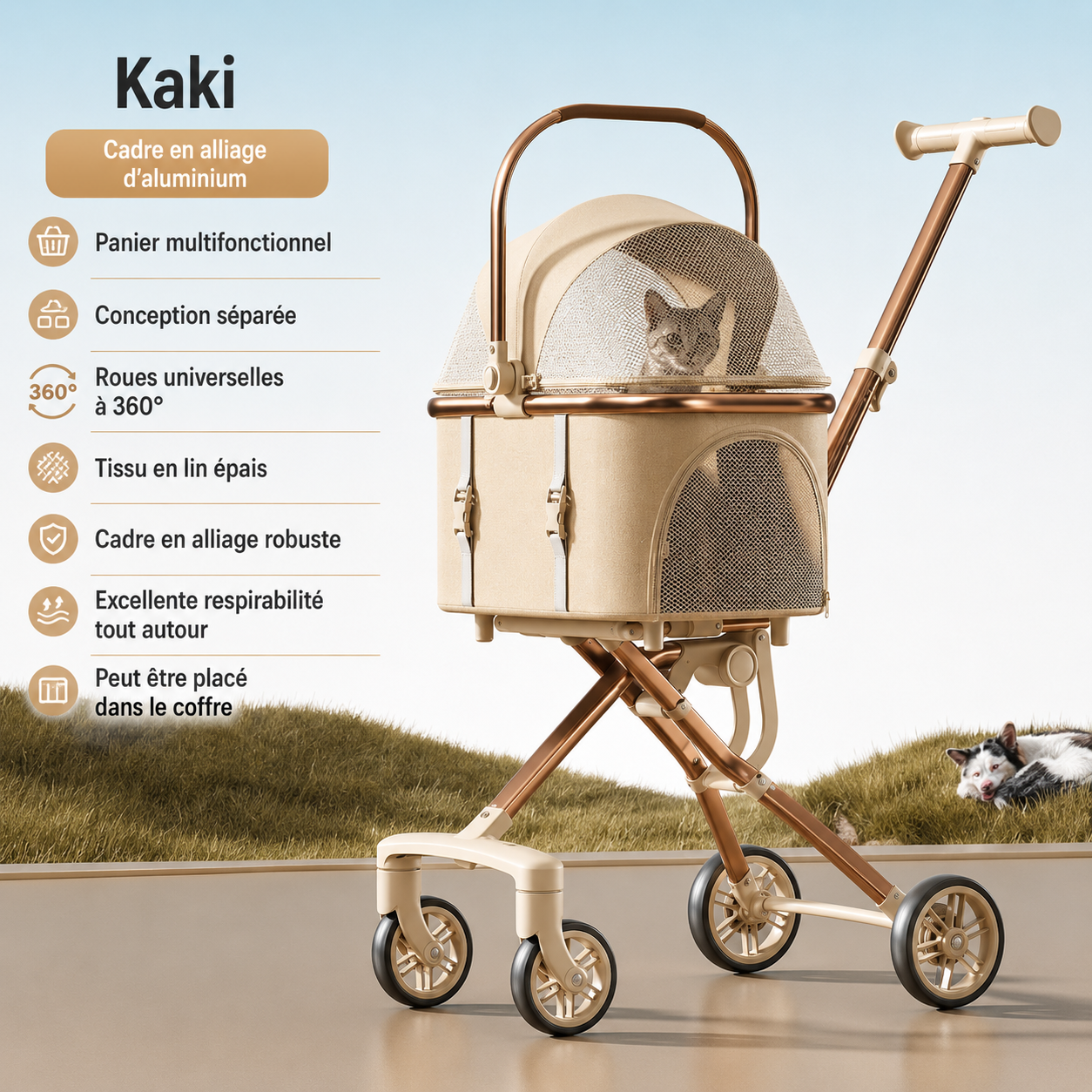 Poussette pour animaux pliable avec panier de transport détachable
