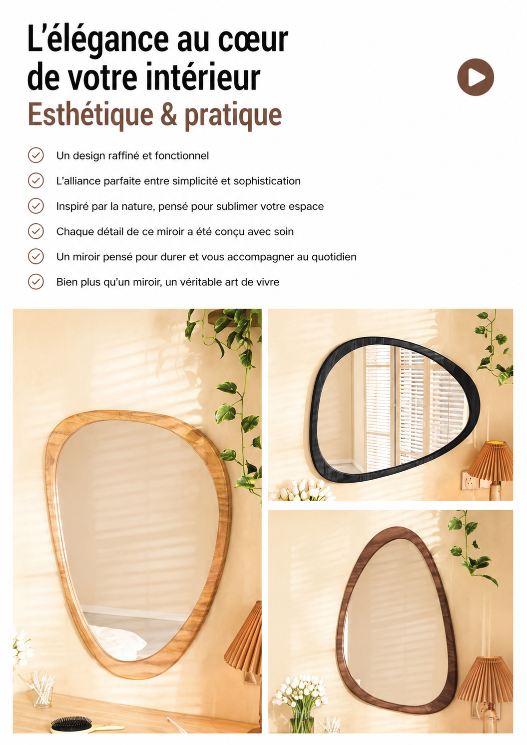 Miroir Mural Irrégulier Bois Asymétrique – Style Moderne, 4 Grandes Tailles