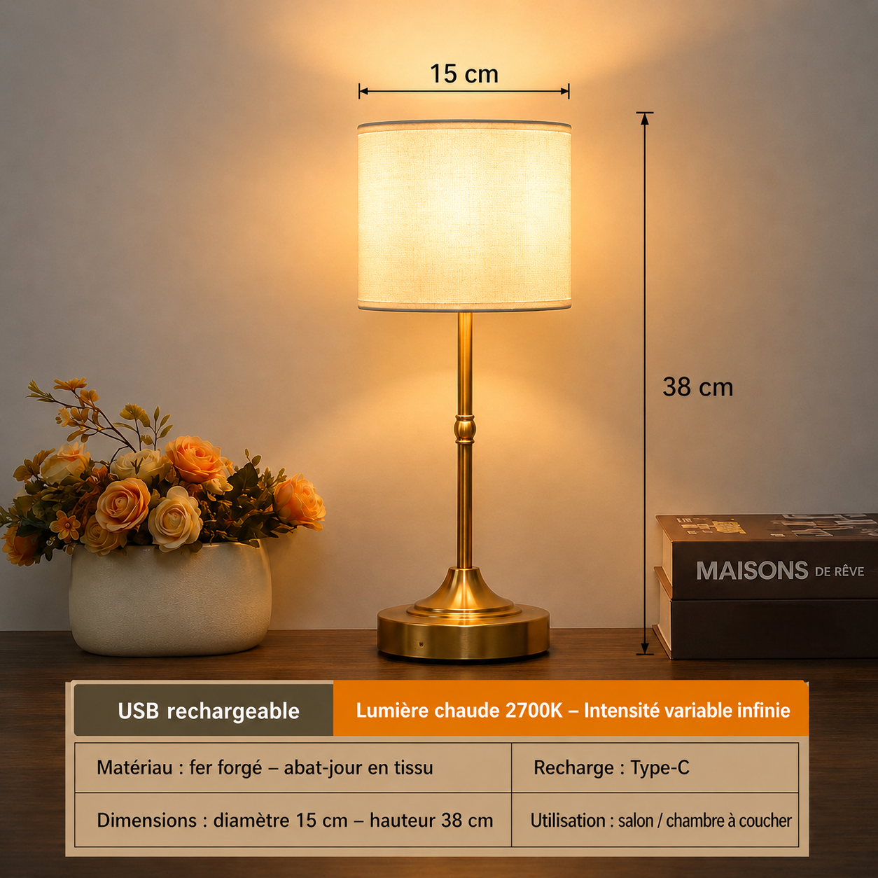Lampe de Table Sans Fil Rechargeable à Intensité Variable