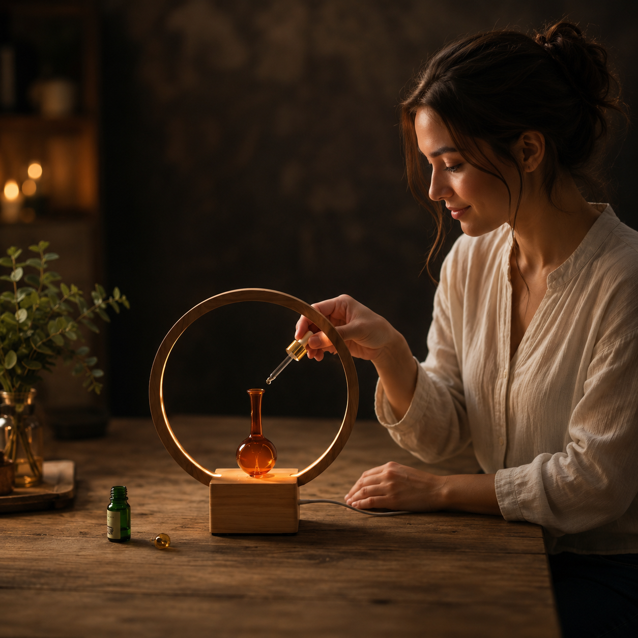 Diffuseur d’Huiles Essentielles Sans Eau, en Bois et Verre – Lampe d’Ambiance