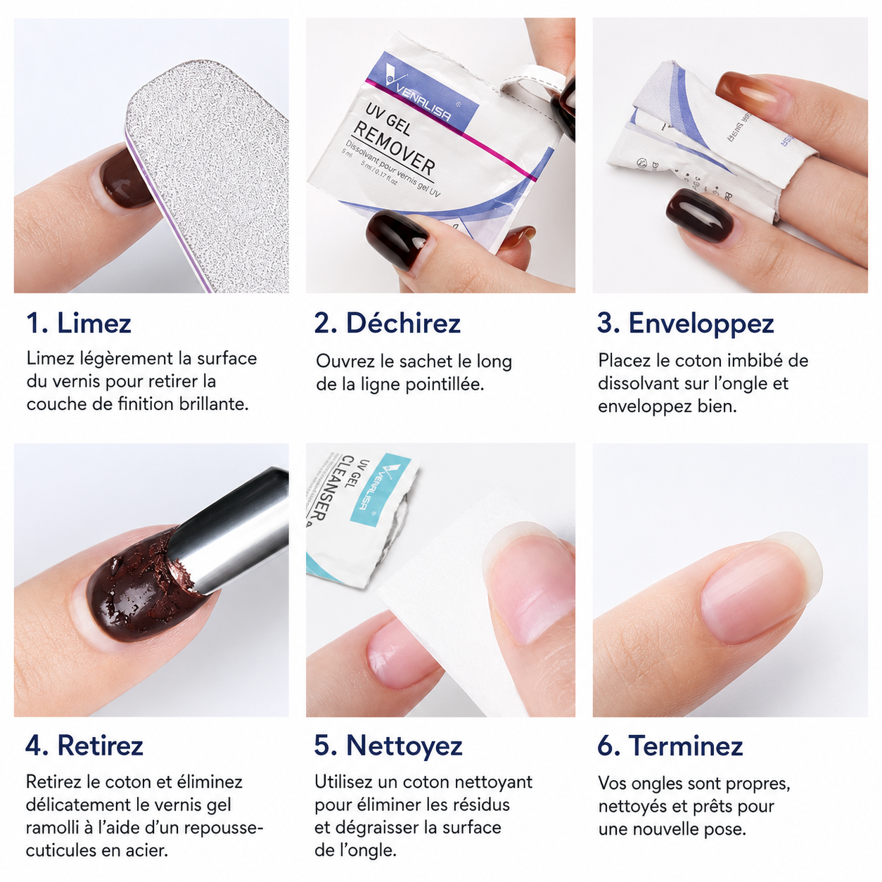 20 lingettes Dissolvants & Nettoyants pour Vernis Gel UV - Venalisa