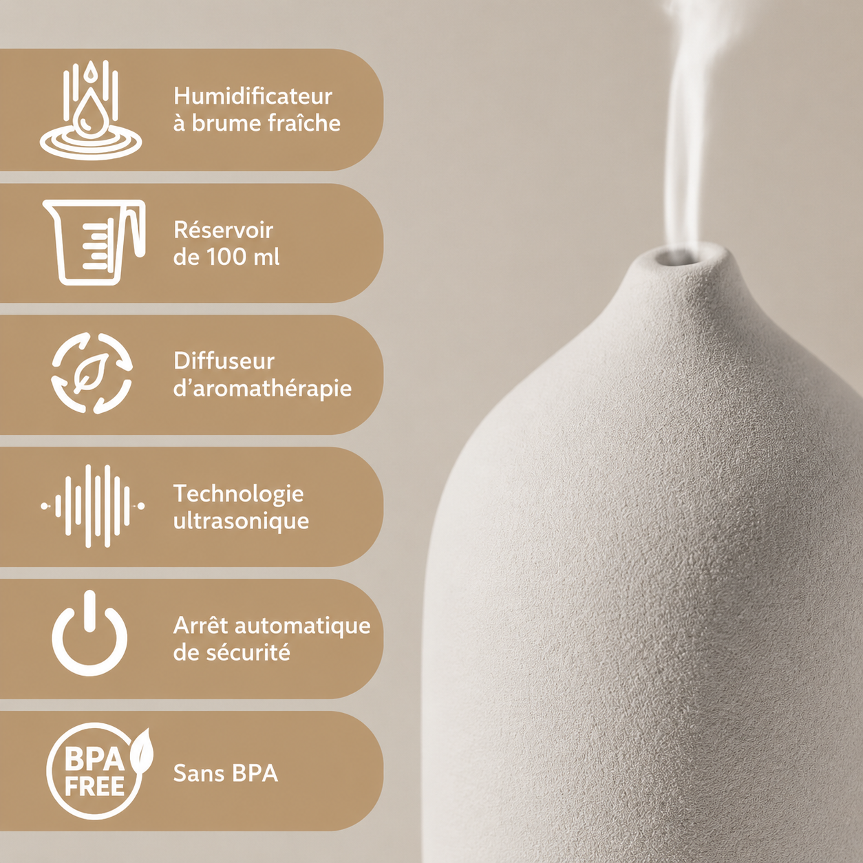 Diffuseur Ultrasonique Céramique 100ml – 7 Couleurs LED & Minuterie