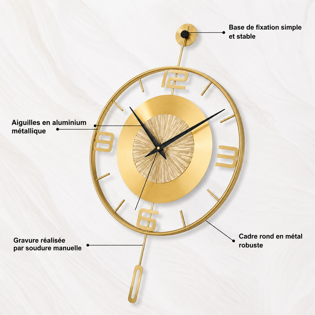 Horloge Murale Luxe Métal Doré avec Balancier Décoratif