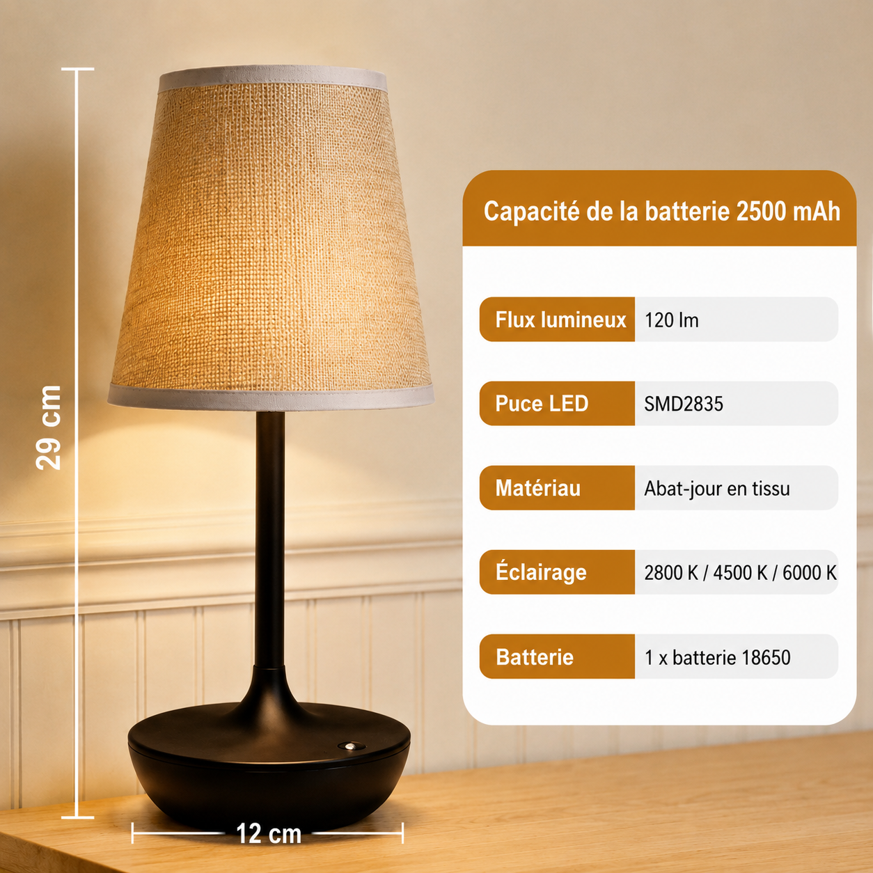 Lampe de Table Classique Rechargeable – Abat-jour Tissu & 3 Températures