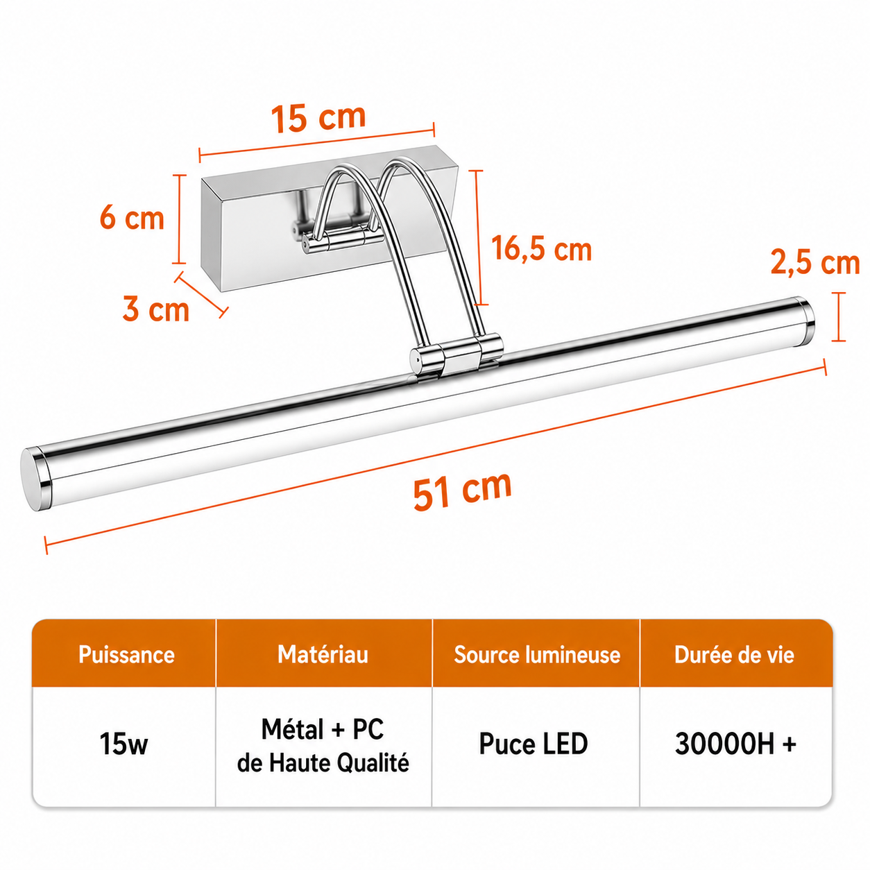 Applique Miroir LED 3 Couleurs Dimmable – Salle de Bain & Coiffeuse 50cm, 15W
