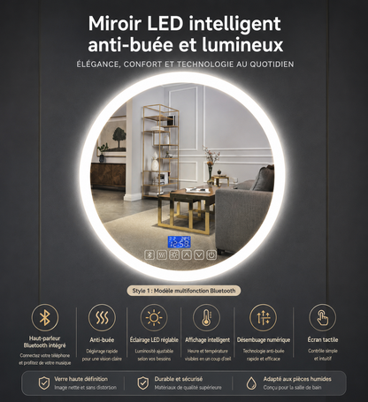 Miroir LED Rond Intelligent Anti-buée – Salle de Bain Mural 49,5cm