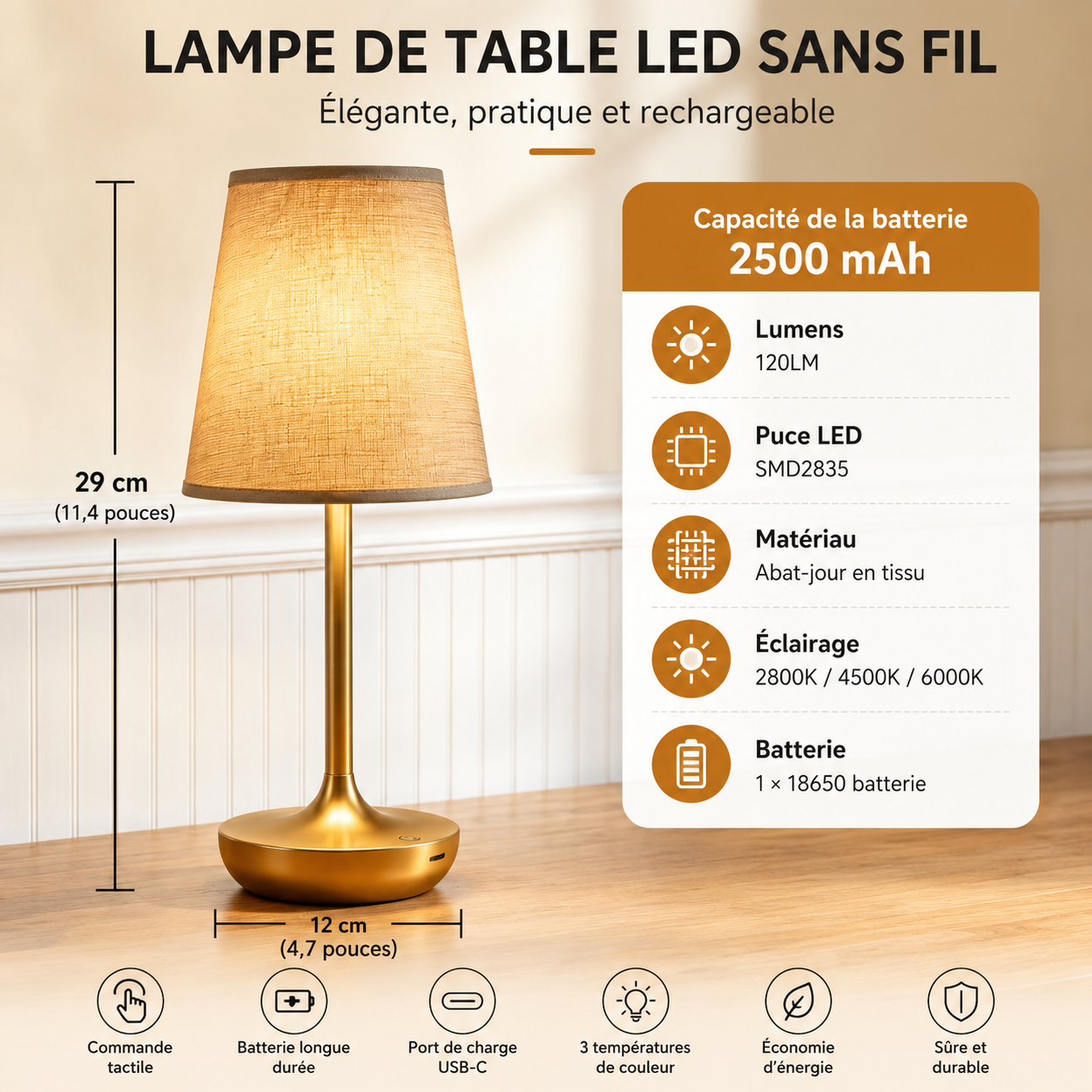 Lampe de Table Classique Rechargeable – Abat-jour Tissu & 3 Températures