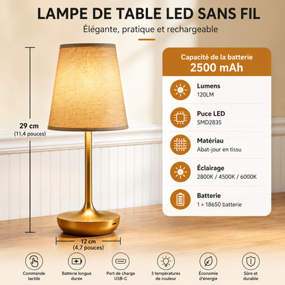 Lampe de Table Classique Rechargeable – Abat-jour Tissu & 3 Températures